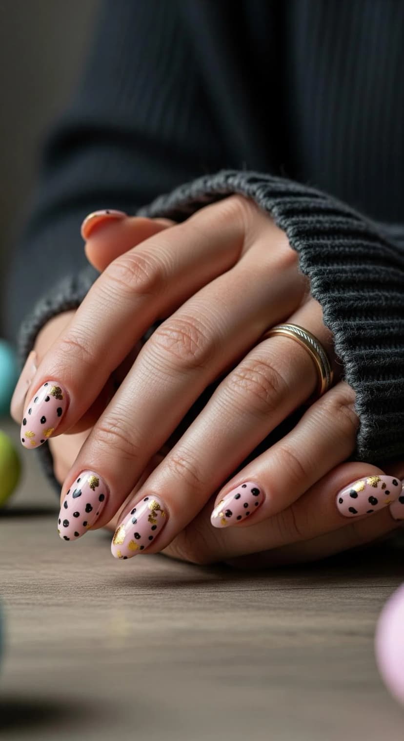 Pale Pink Speckled Nails with Gold Foil and Black Polka Dots