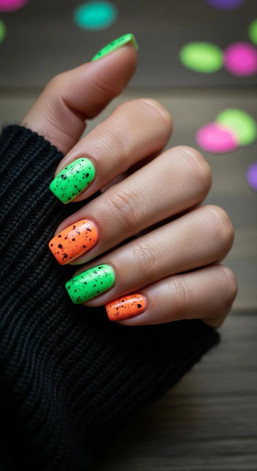 Neon Green & Bright Orange Speckled Nails