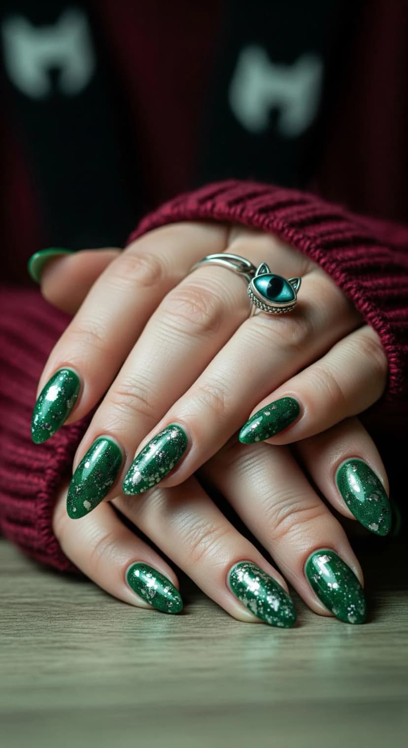 Emerald Green Nails with Silver Flake Accents