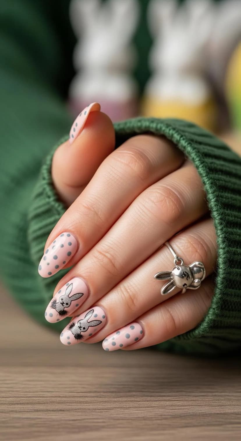 Pink Polka Dot Easter Nails with Bunny Nail Art