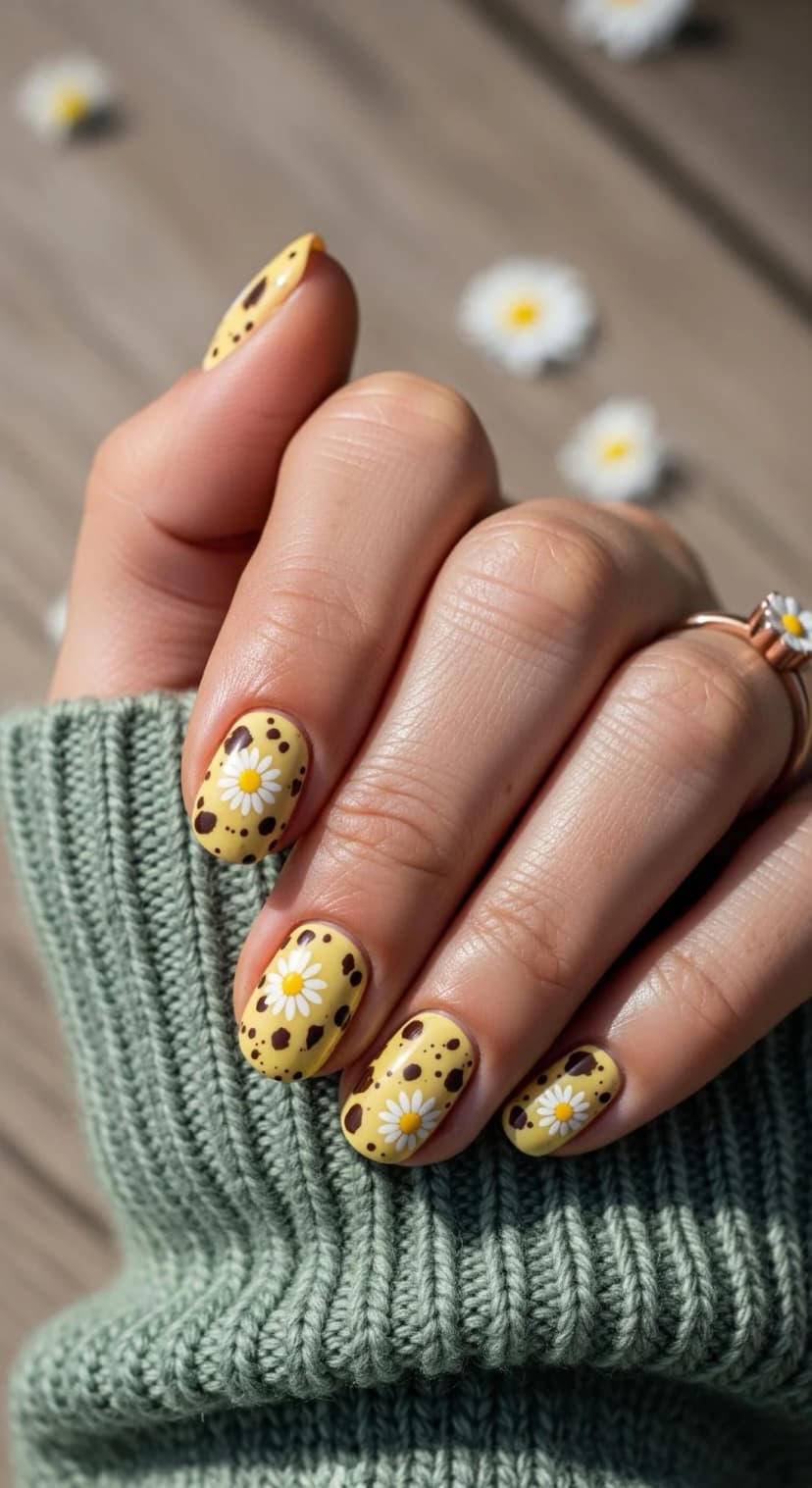 Yellow Daisy Easter Speckled Nails with Polka Dot Accents