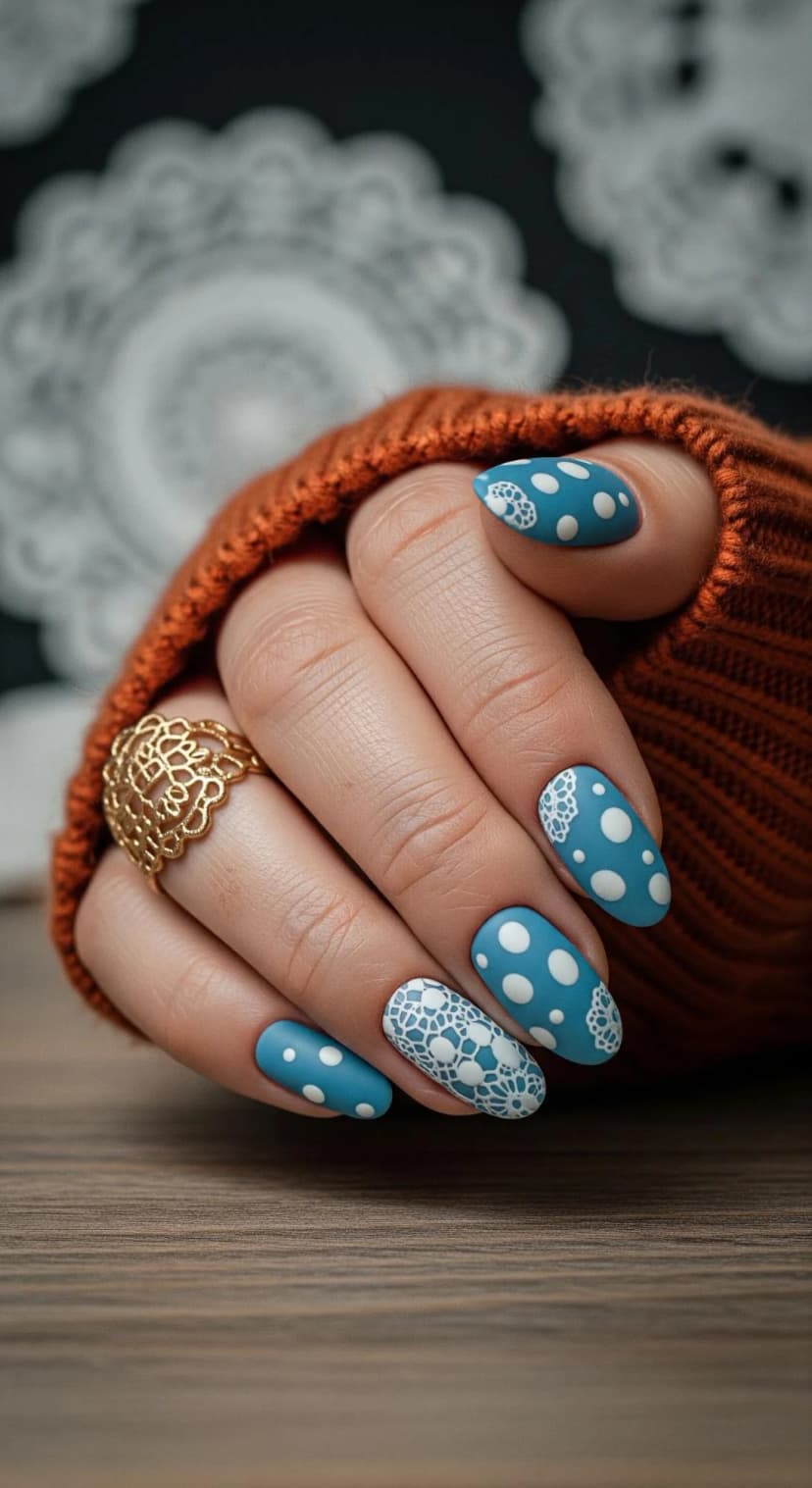 Blue Matte Nails with White Polka Dots and Lace Accents