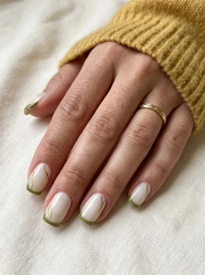 Olive Green French Tip with Line Art