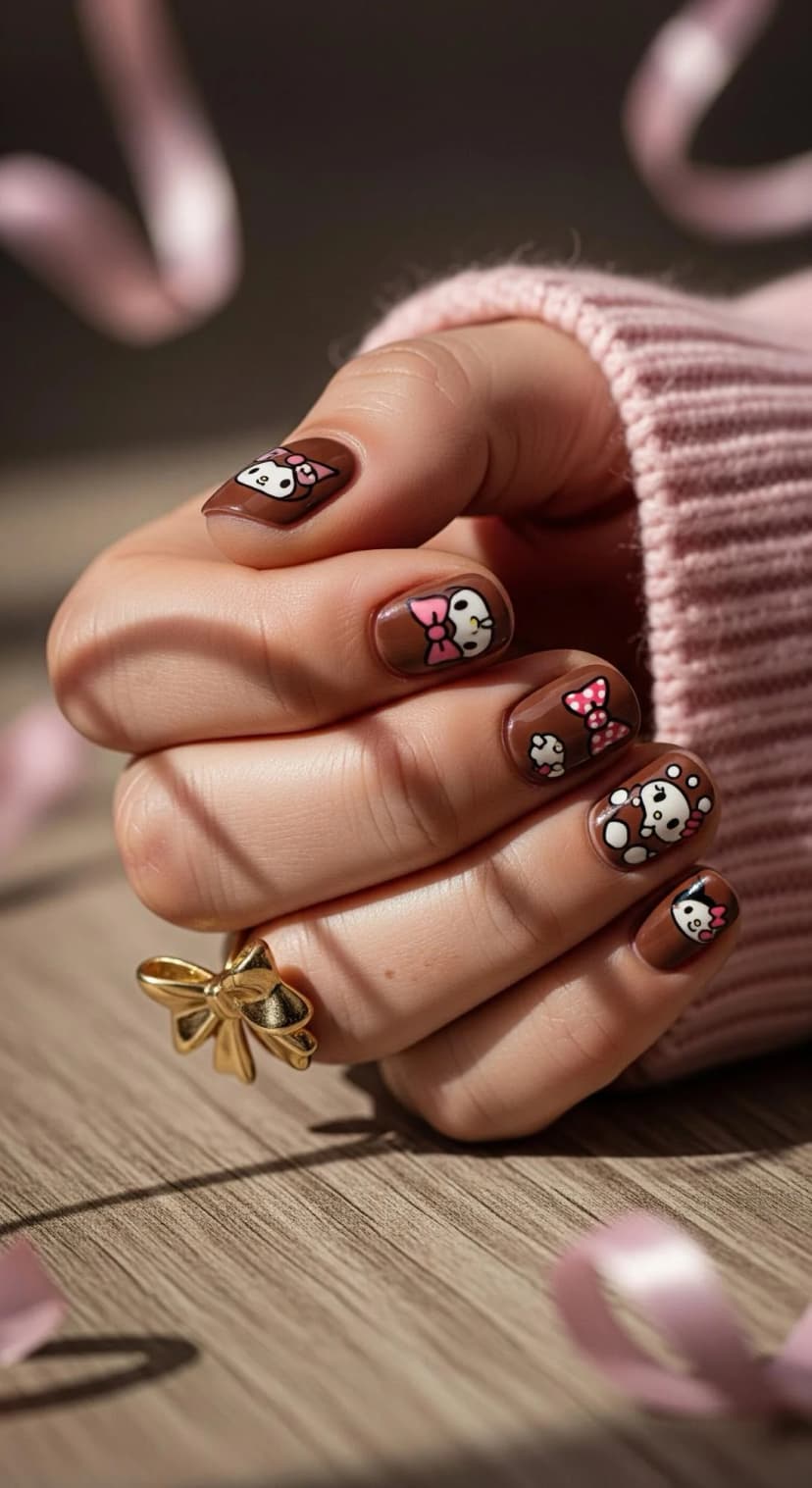 Brown Swirl Nails with Cute Pink Bow Art