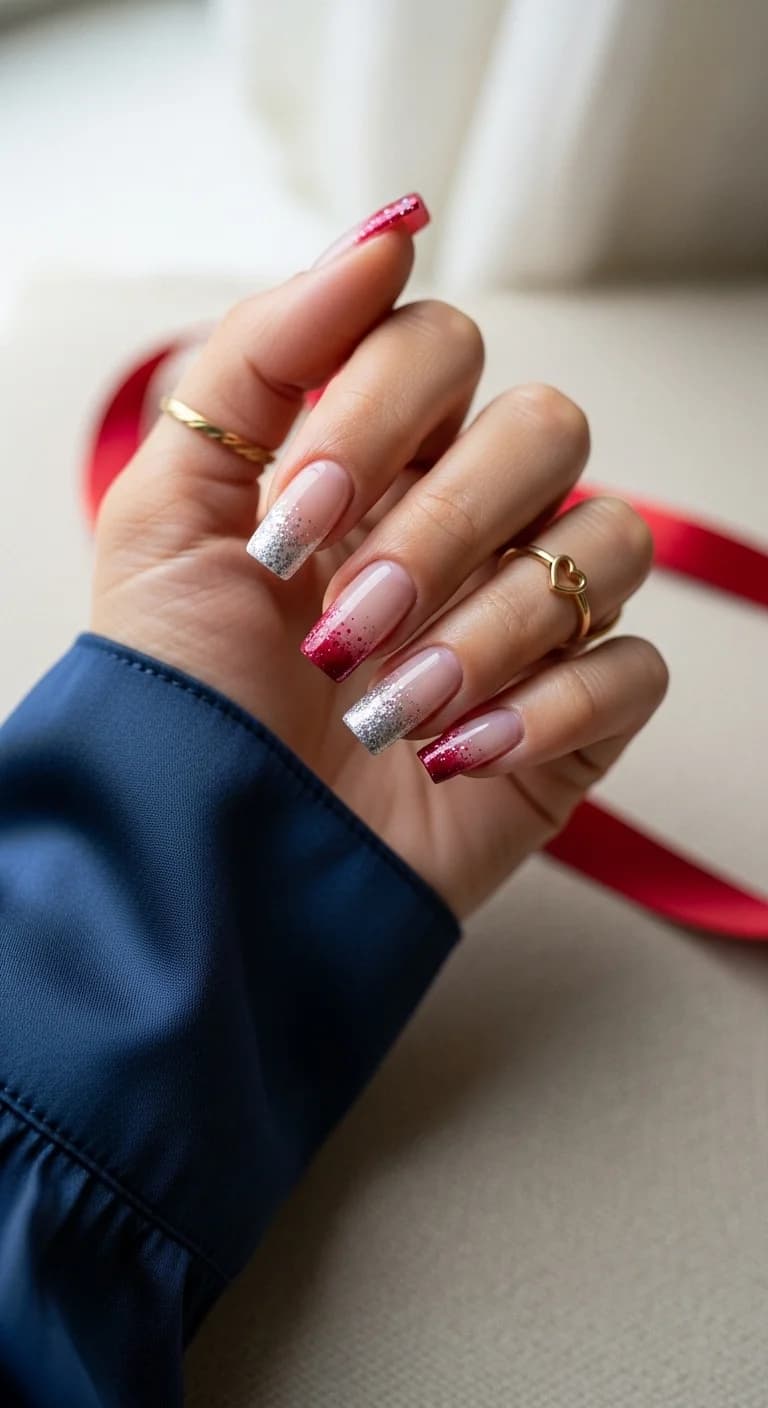 Sparkling Red and Silver Ombre French Tips