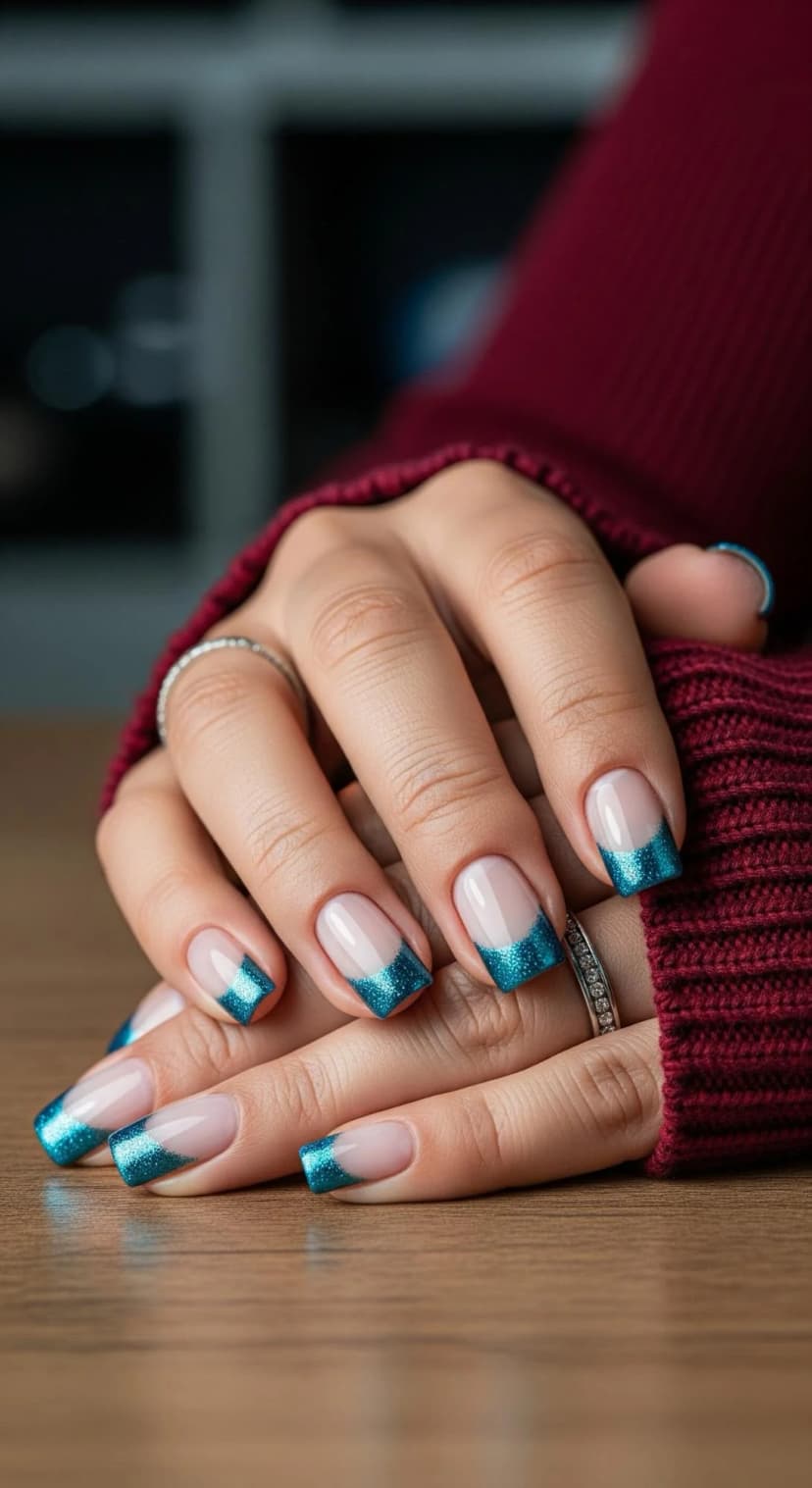 Teal Glitter French Tip Nails