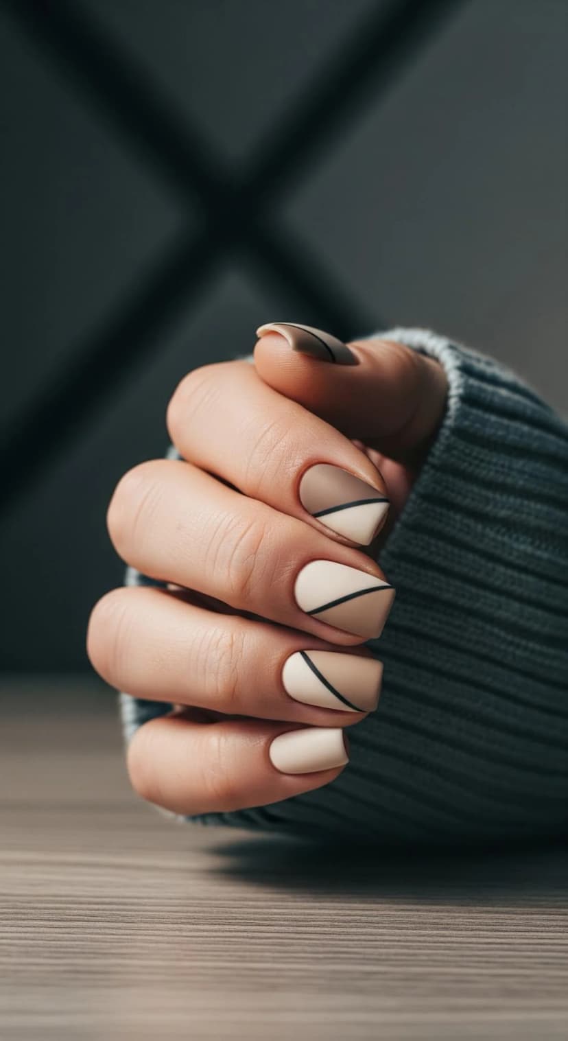 Nude & Taupe Matte Coffin Nails with Black Geometric Lines