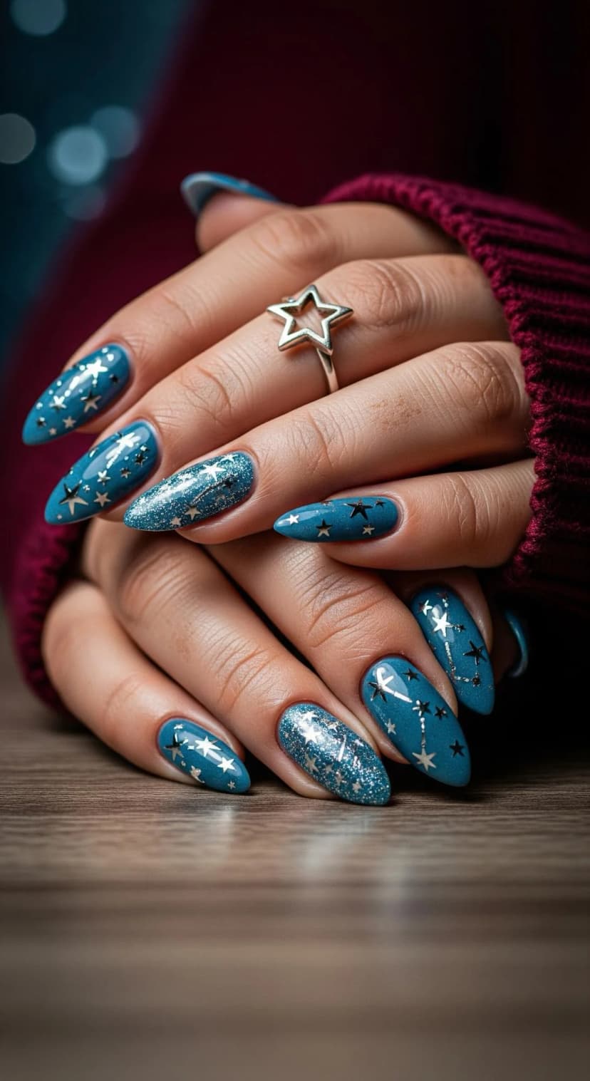Teal Star Nail Art with Glitter Accent Nails