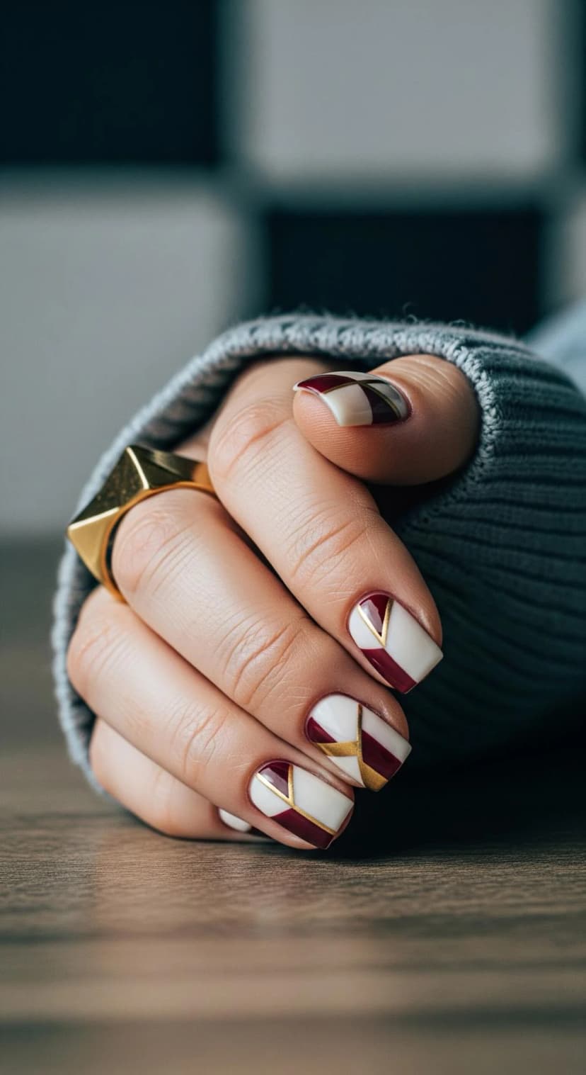 Burgundy Geometric Nails with Gold Accents