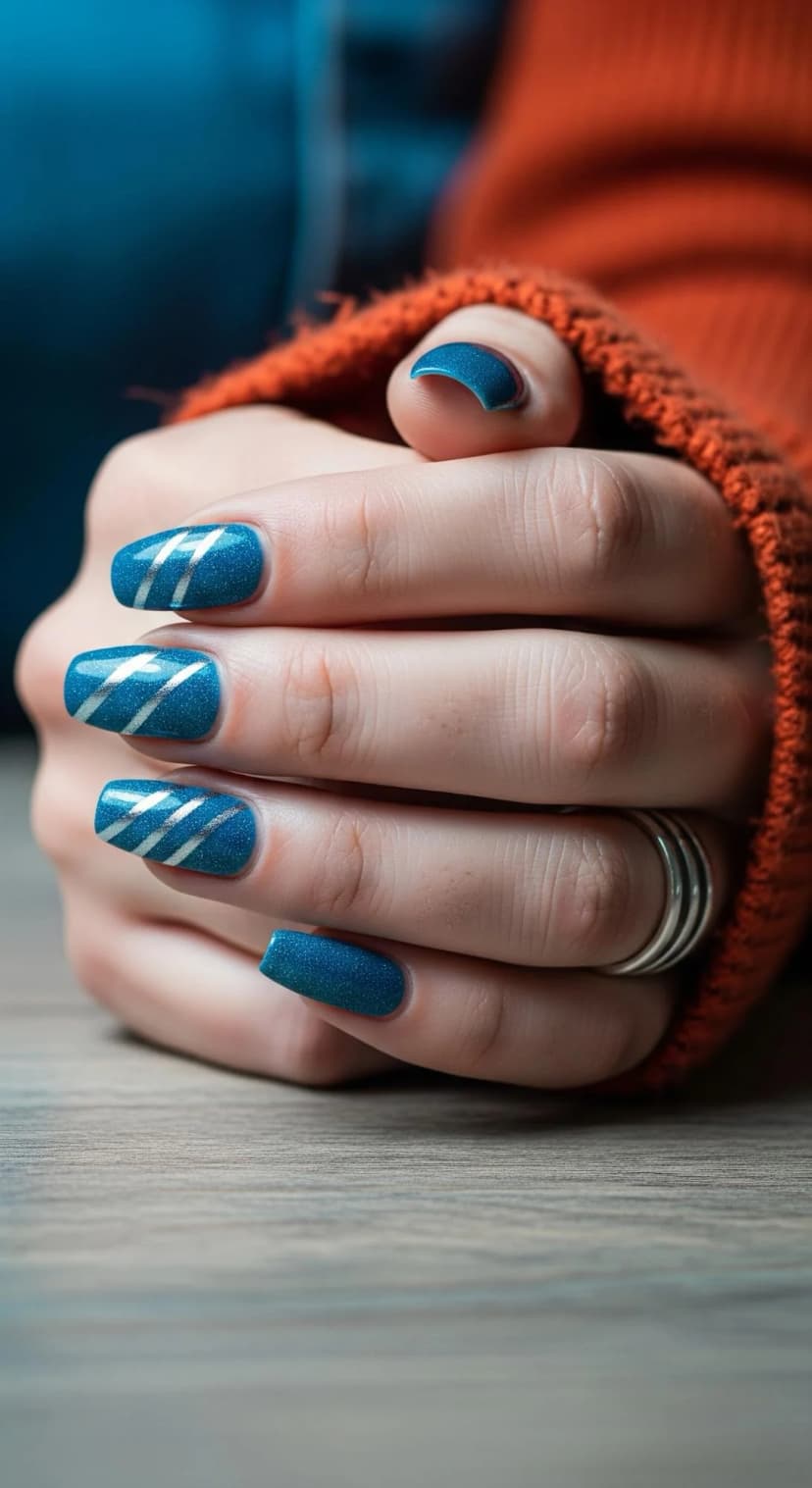 Teal Glitter Nails with Silver Stripes