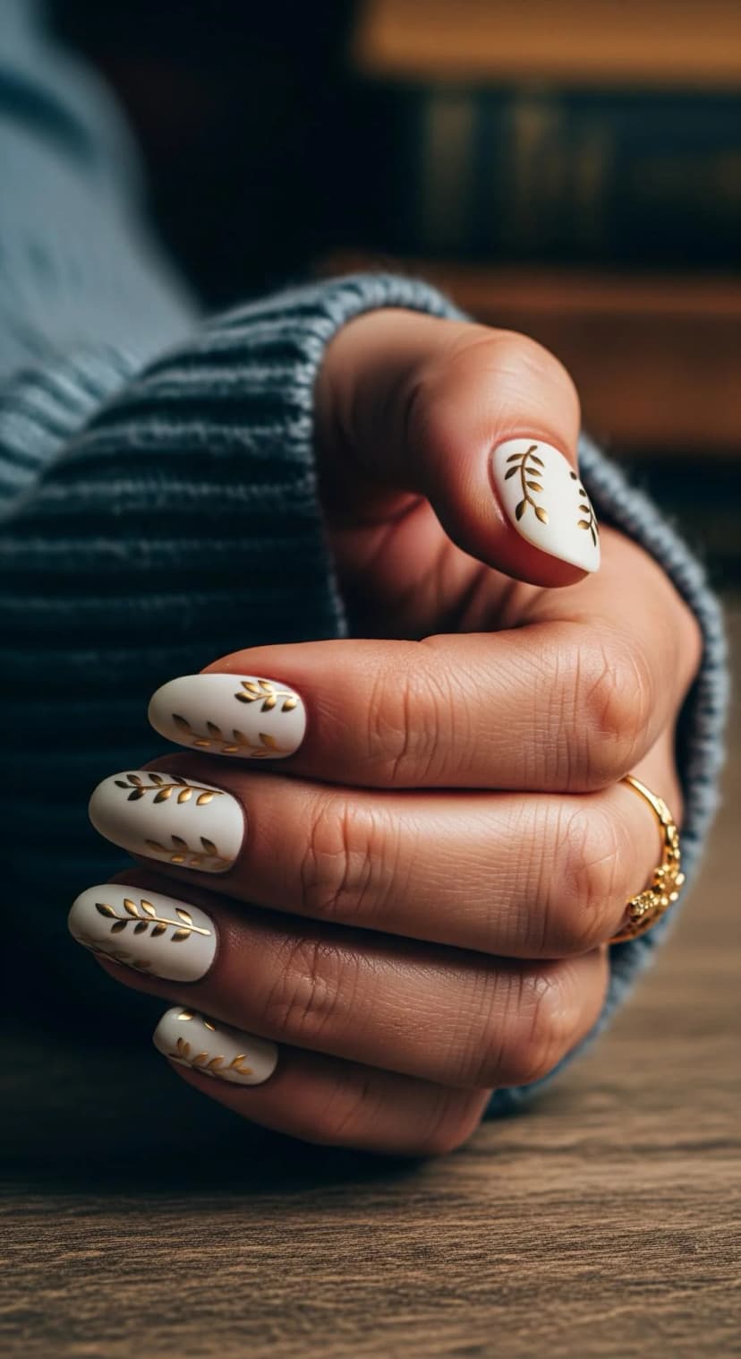 White Oval Nails with Gold Leaf Decals
