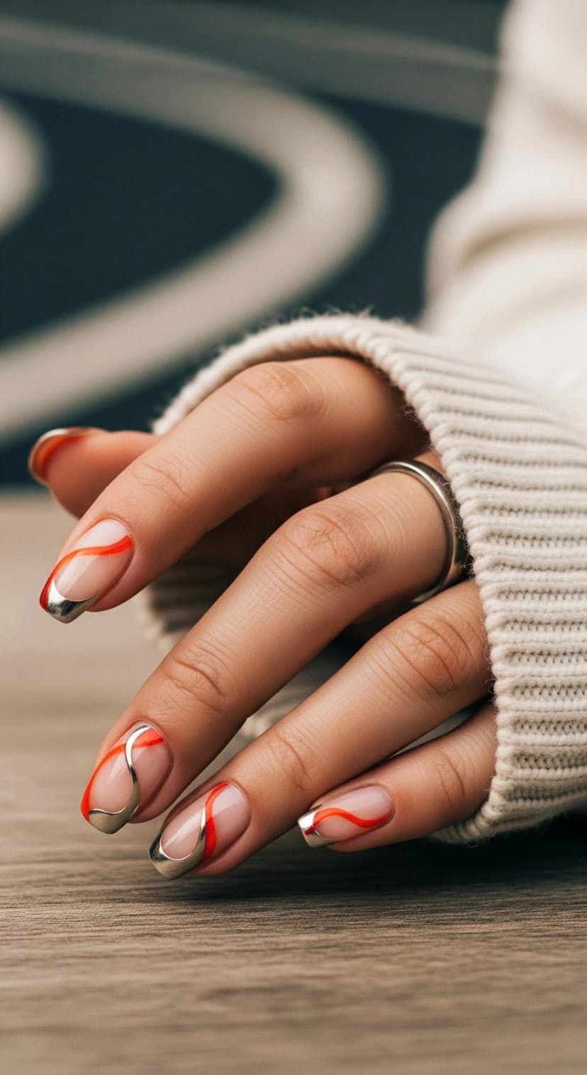 French Tip Nails with Orange Swirls and Silver Accents