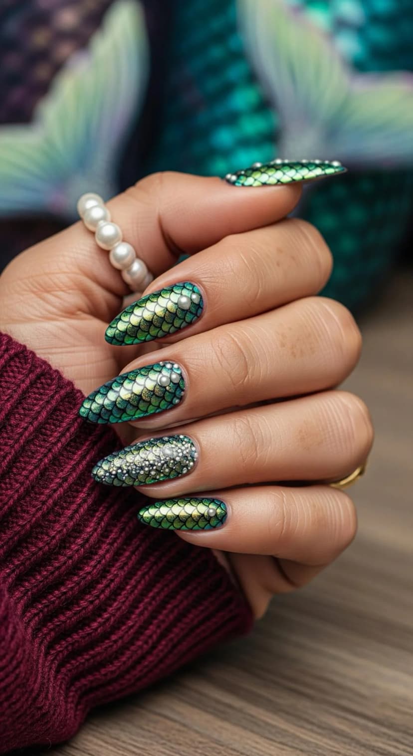 Iridescent Green Scale Press-On Nails with Pearl Embellishments