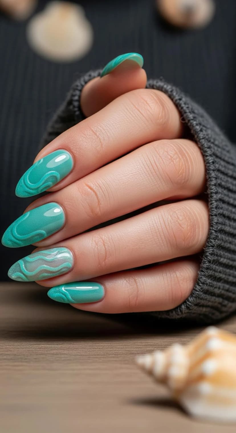 Teal Swirl Gel Nails