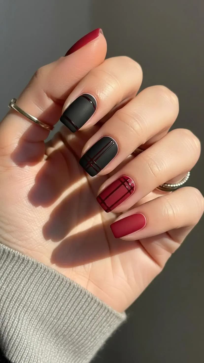 Matte Mauve & Black Plaid Nails