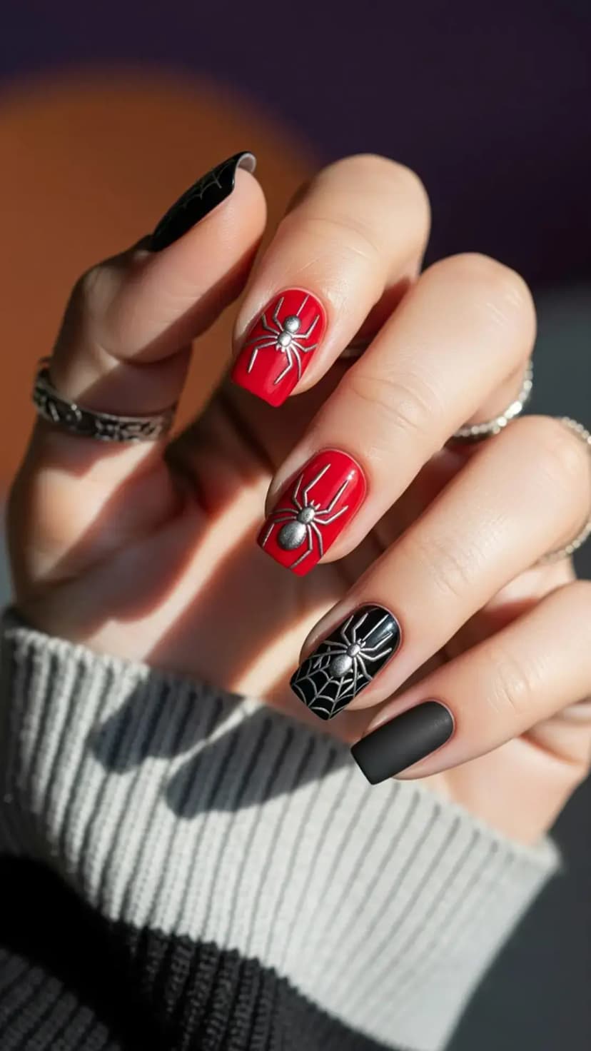 Bold Red & Black Spider Nails