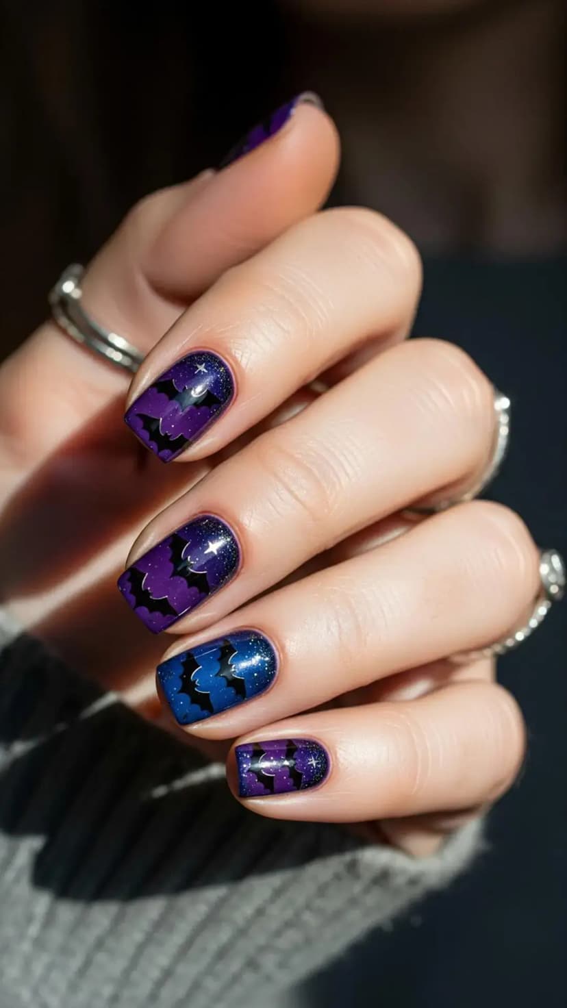 Starry Night Bat Gradient Nails