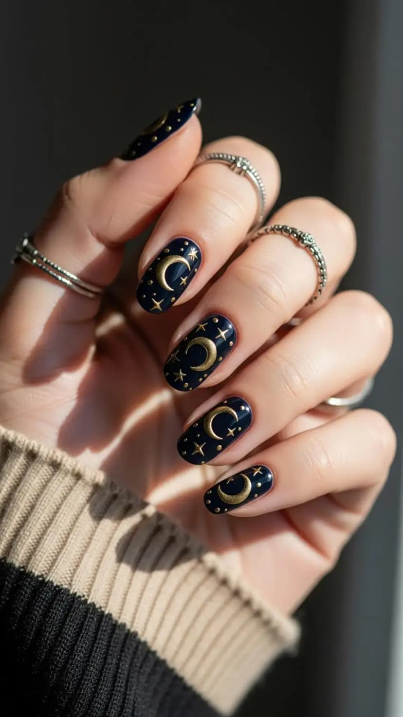 Midnight Crescent Moon Nails