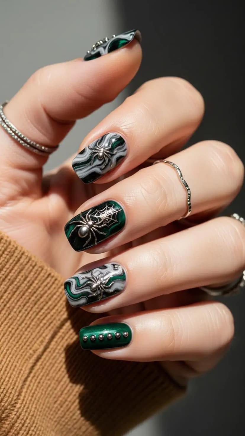 Green Marble Spider Nails