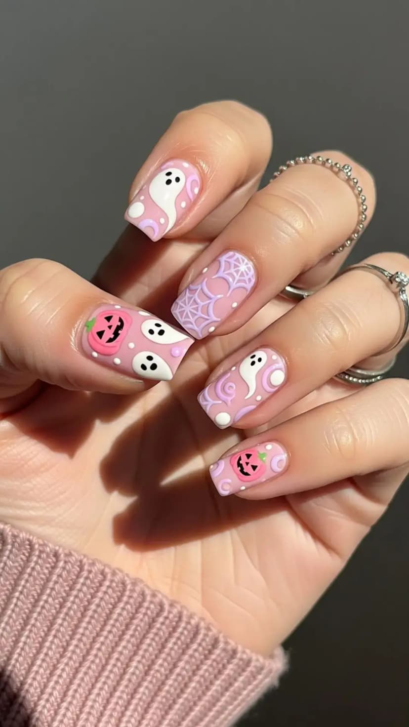 Groovy Pink Halloween Nails