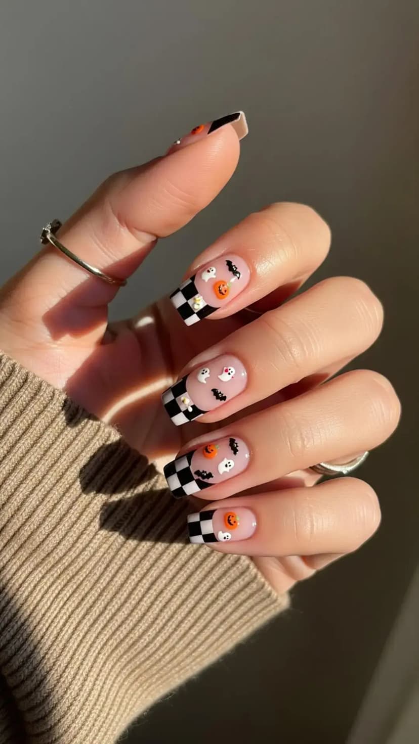 Checkered Halloween French Nails
