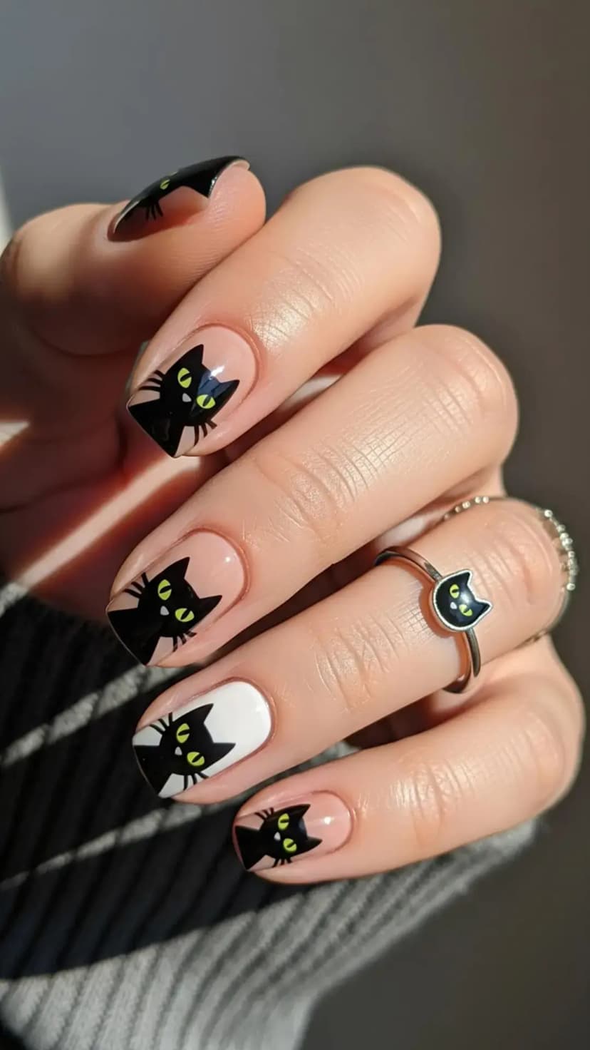 Graphic Black Cat Nails