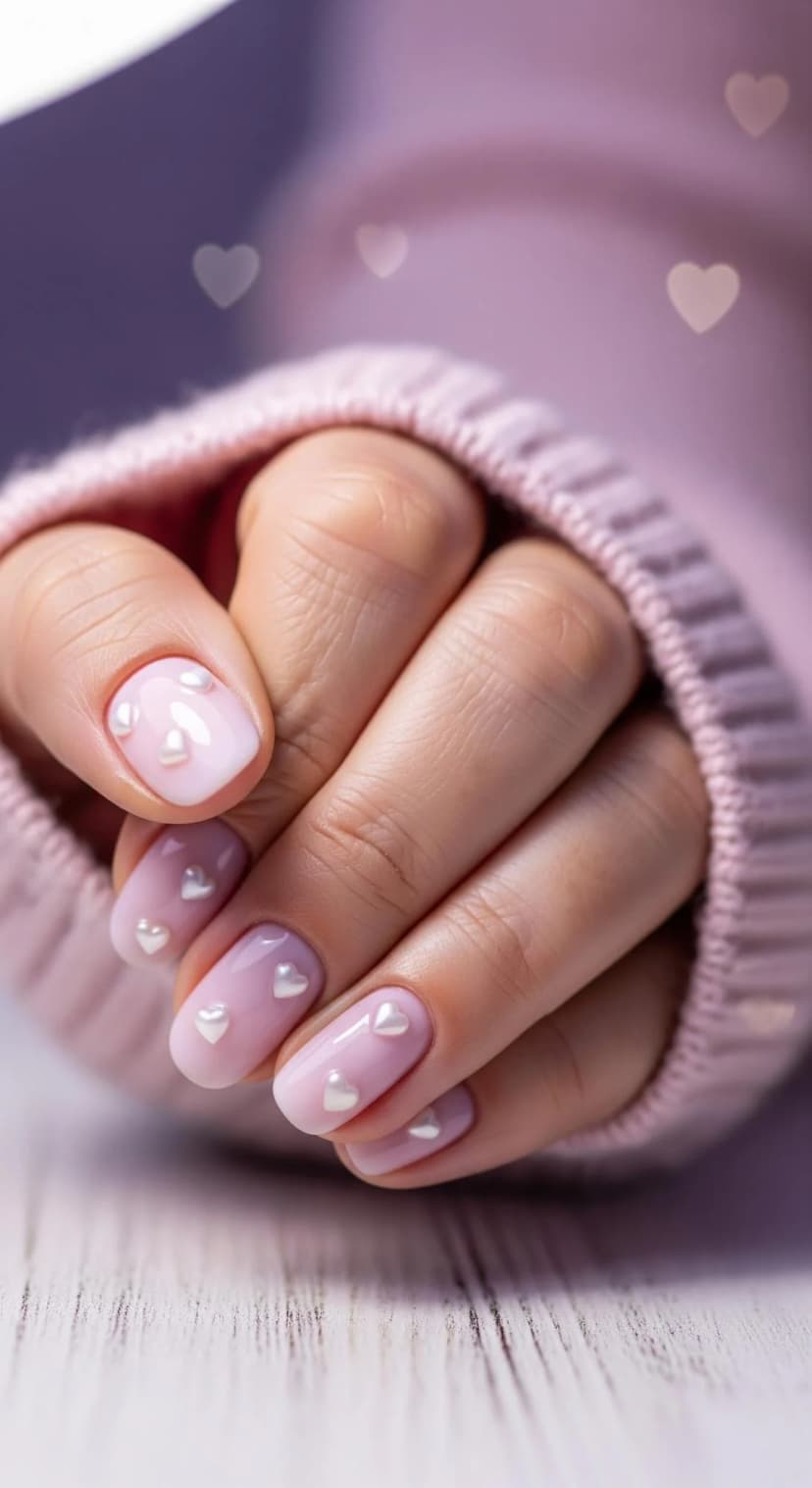 Pink Ombre Nails with Pearl Heart Details
