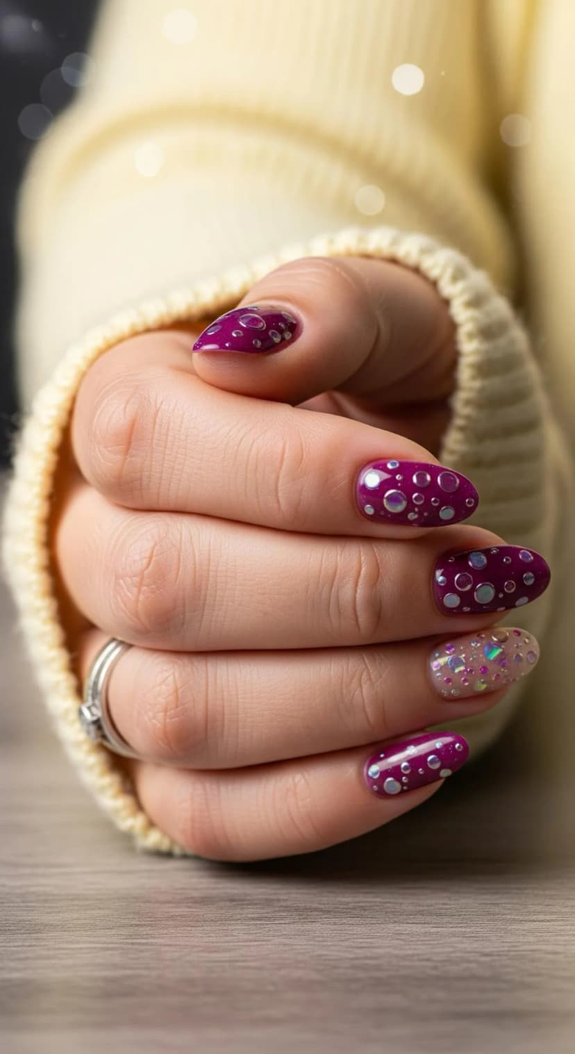Plum Manicure with Iridescent Bubble Accents