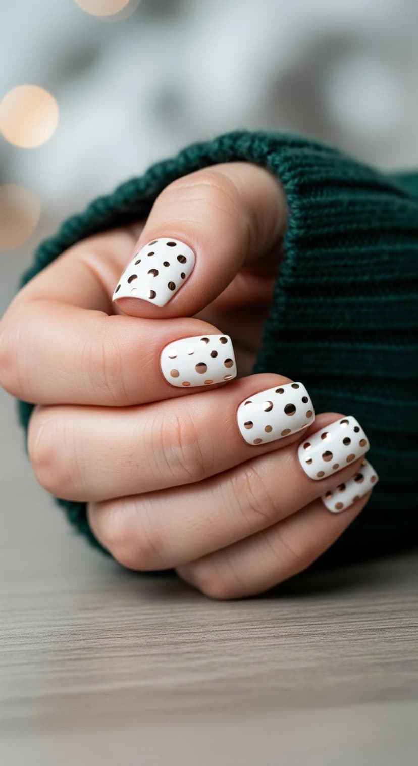 White Nails with Gold Polka Dot Accents