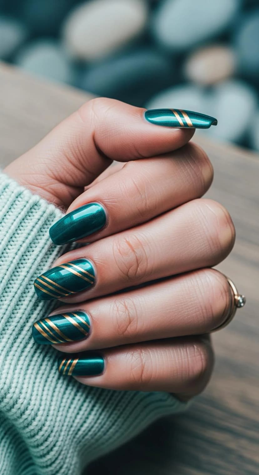 Emerald Green Nails with Gold Stripe Details