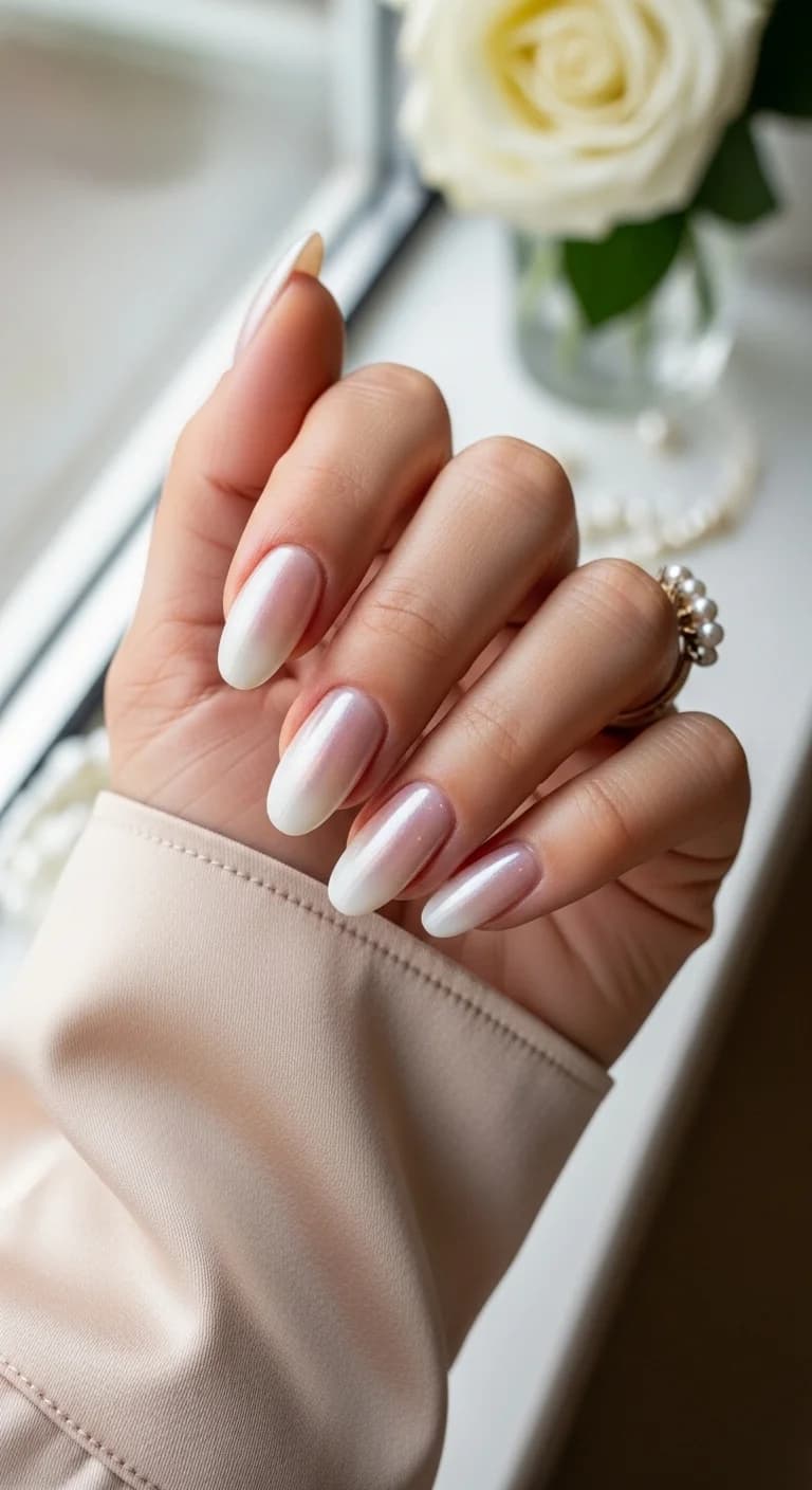 Sheer Pearl Ombre Almond Nails