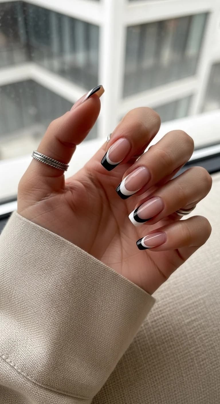 Edgy Black & White French Tip Nails