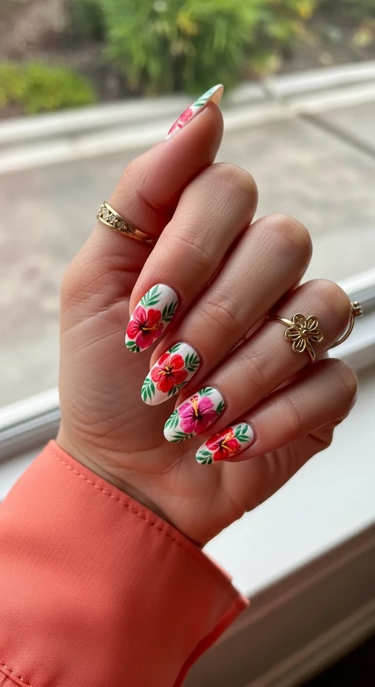 Vibrant Floral Hibiscus & Tropical Leaf Nails