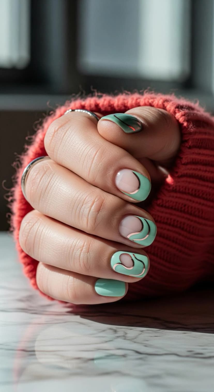 Mint Green Swirl French Tip Nails with Rose Gold Details