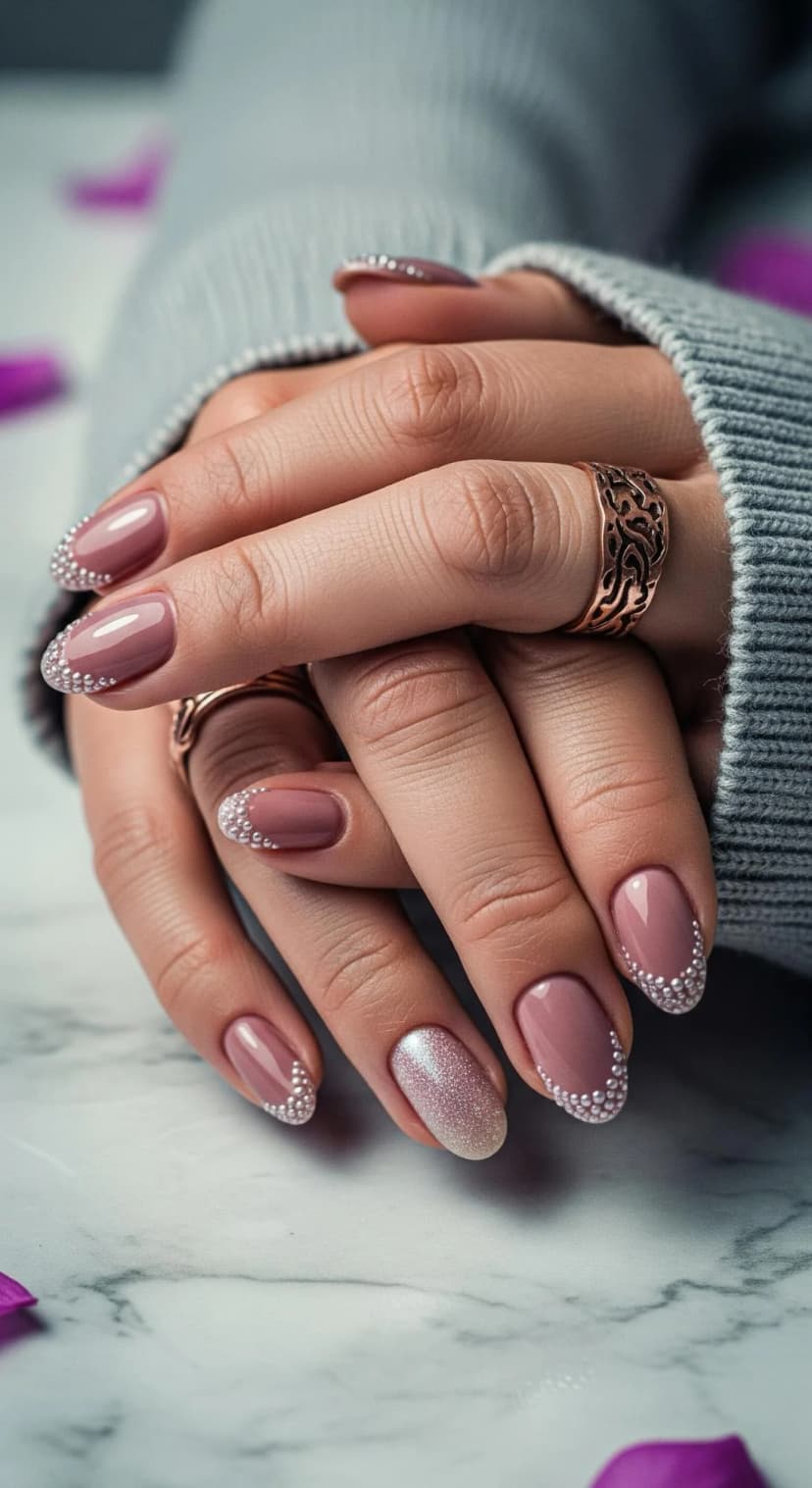 Mauve Almond Nails with Pearl Cuticle Accents