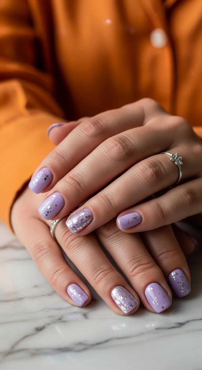 Lavender Glitter Nails with Silver Star Accents