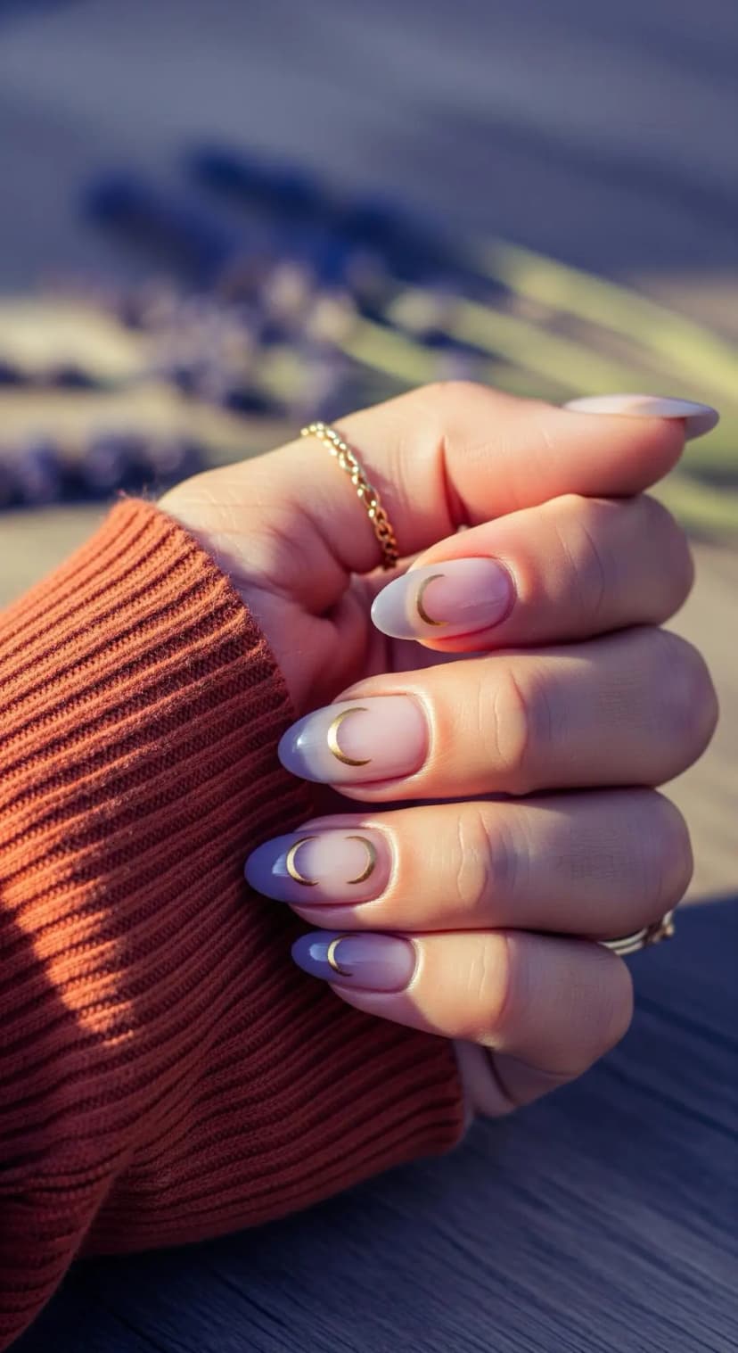 Lilac Ombre French Tip + Gold Crescent Moons