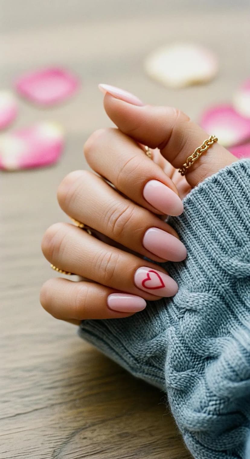 Light Pink Almond Nails + Red Heart Accent