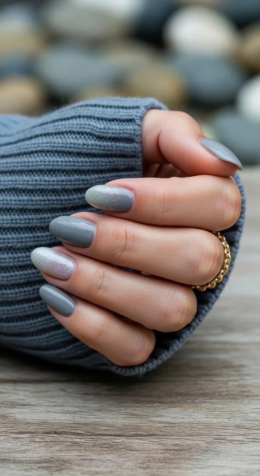 Grey Solid French Tip + Silver Glitter Ombre