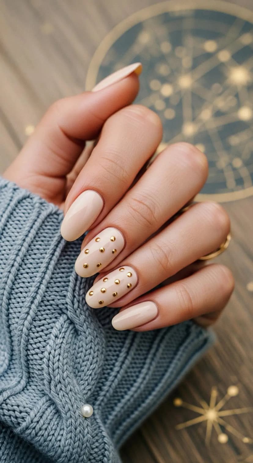Cream Almond Nails + Gold Stud Accents