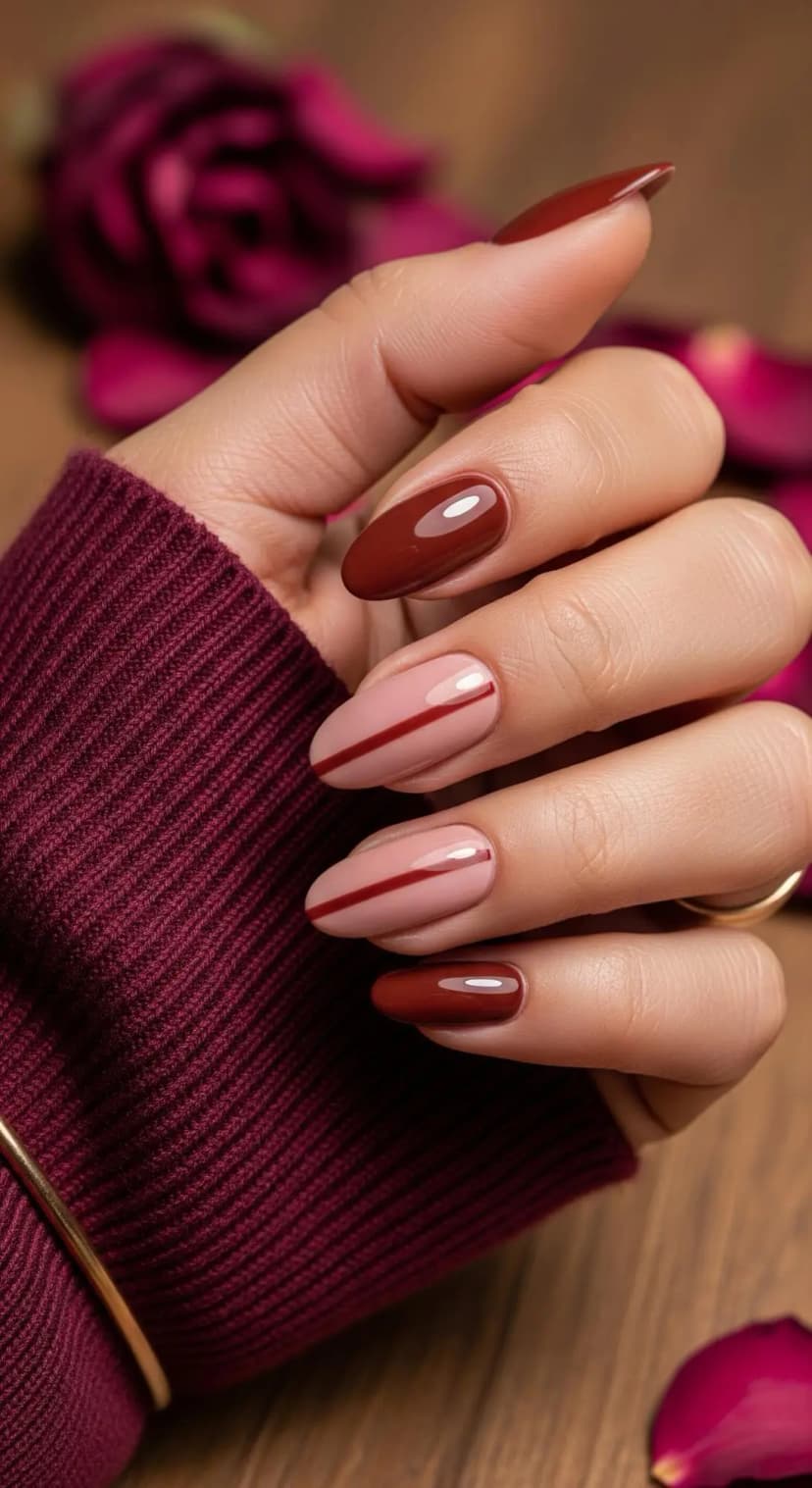 Rich Burgundy Nails + Subtle Pink Accents