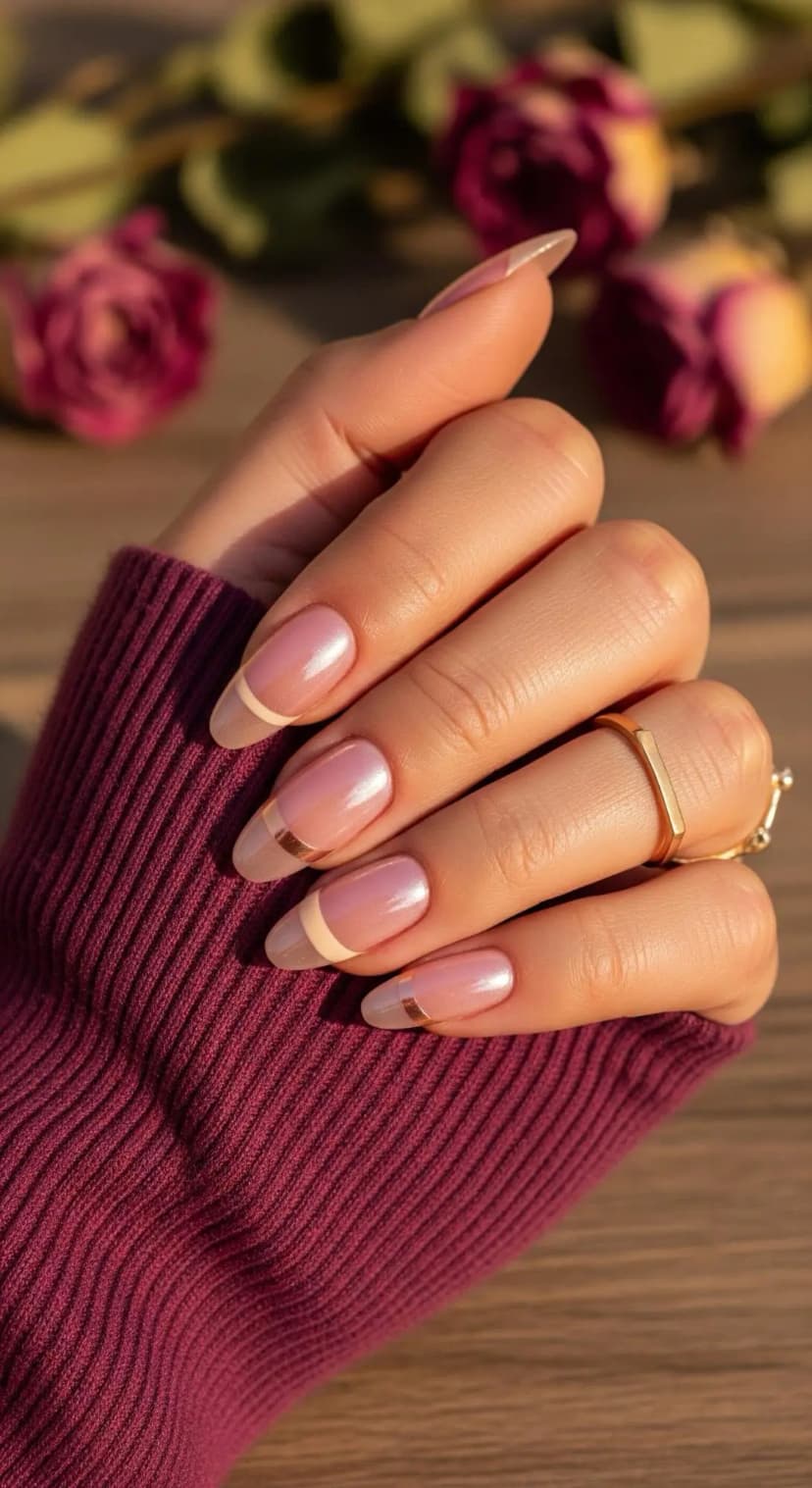 Sheer Pink Pearl Chrome French Tip + Gold Metallic Stripe