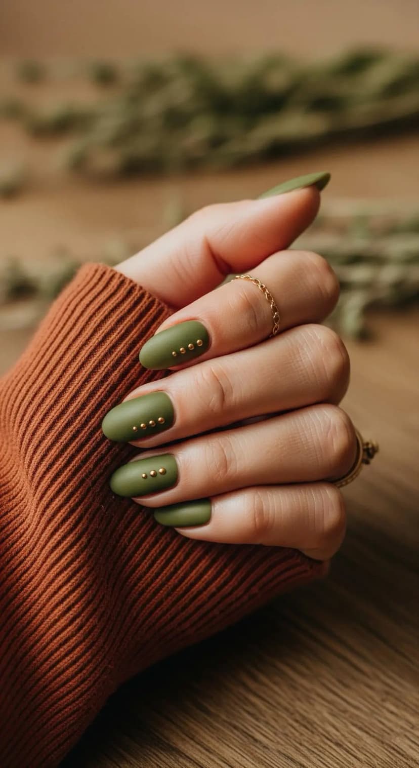 Olive Green Matte Nails + Gold Stud Accents