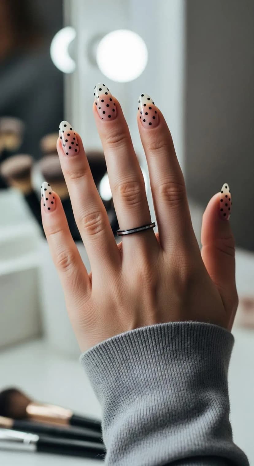 Sheer Black Polka Dot French Tip Nails
