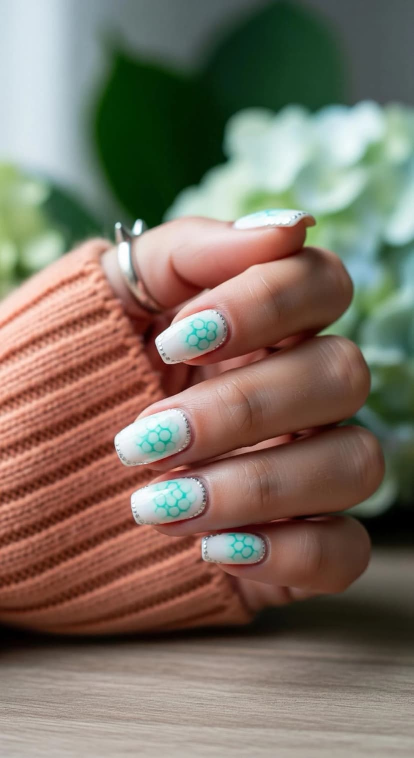 White Almond Nails + Teal Honeycomb Design