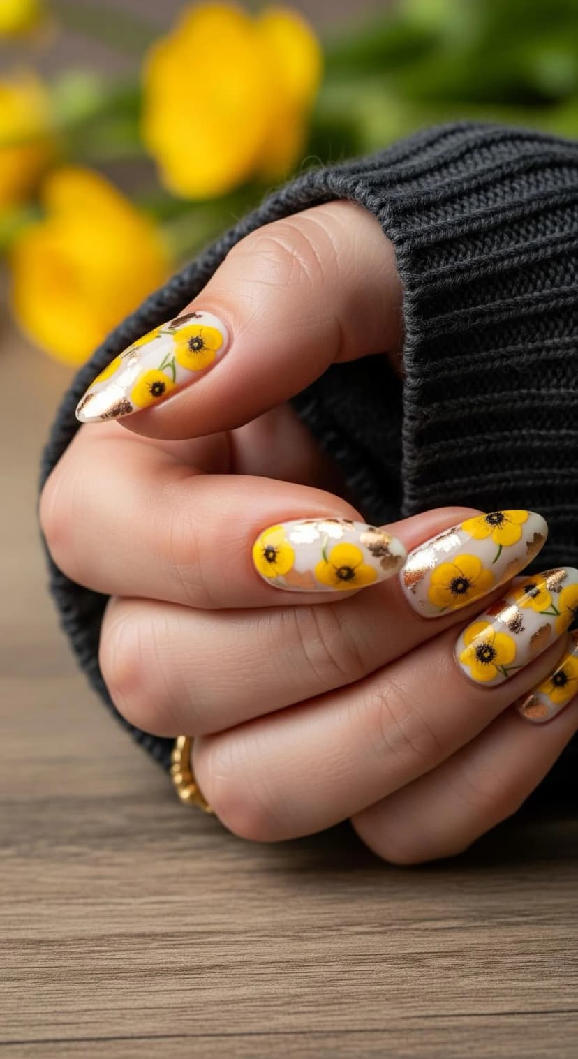 White Floral Print Nails + Gold Foil Accents