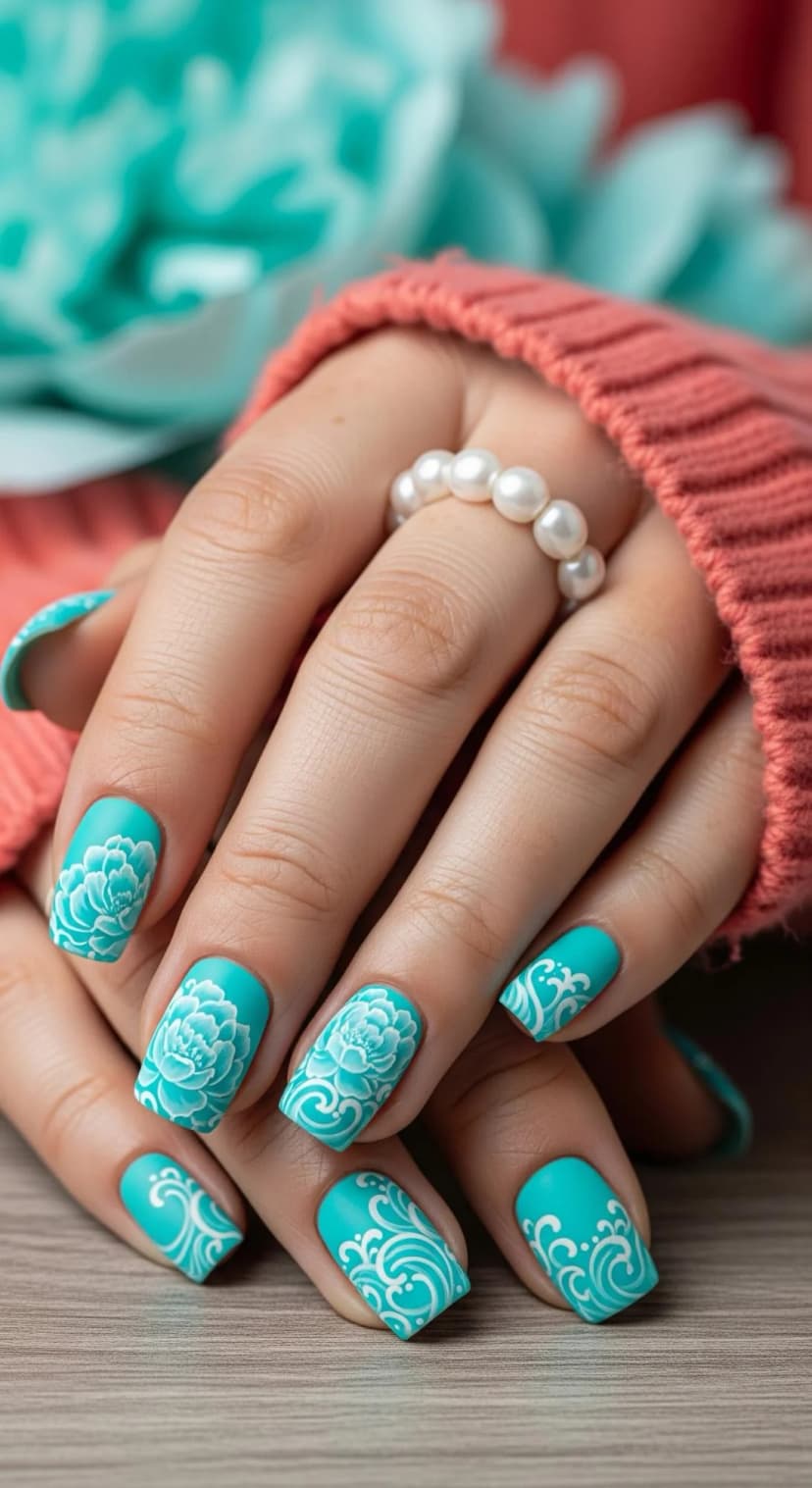 Teal Floral Nail Art