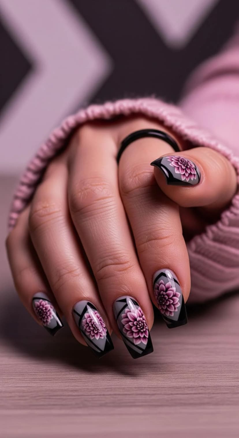 Grey Floral Nail Art + Black Almond Tips