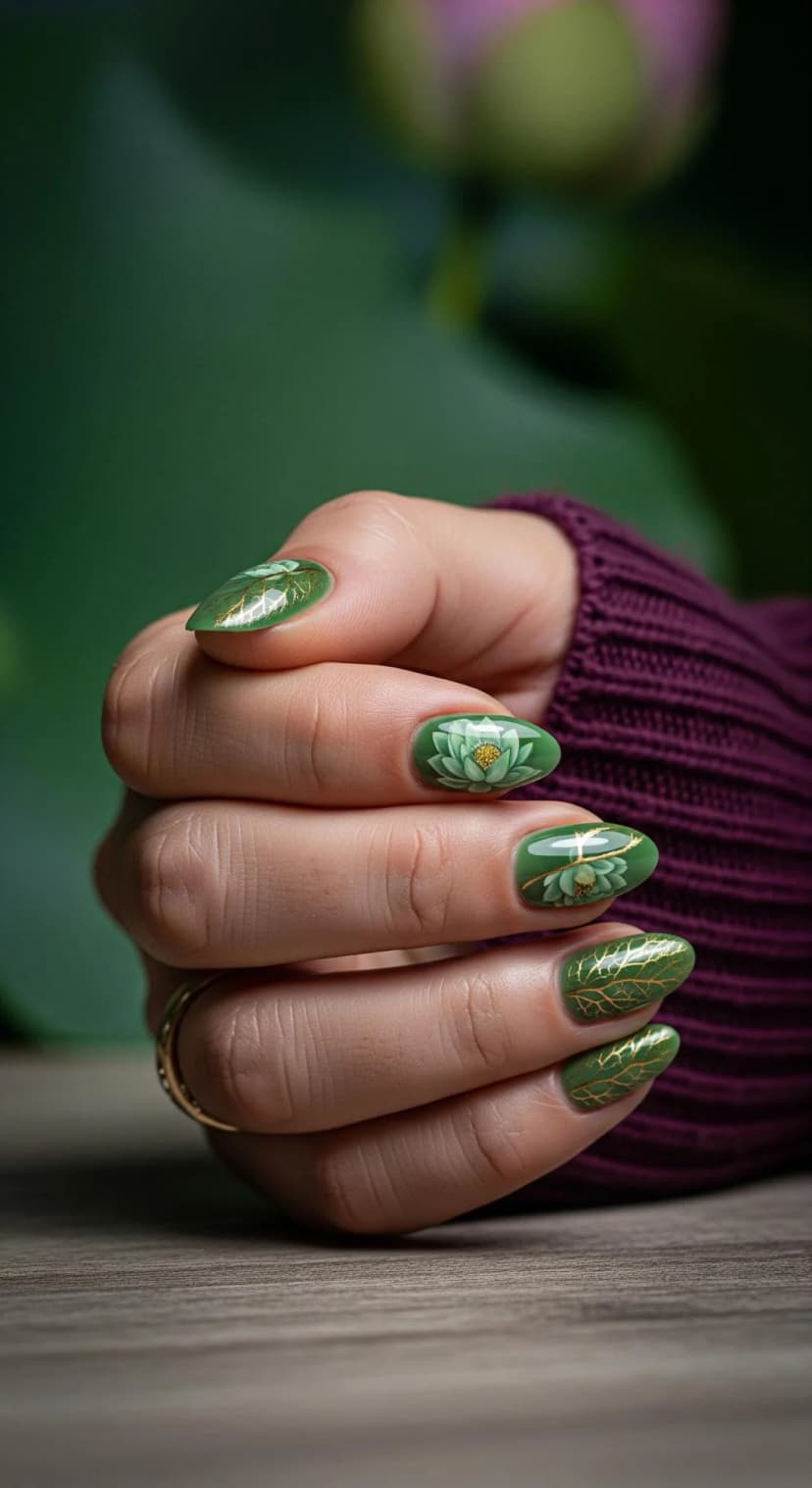 Forest Green Floral Nail Art + Gold Leaf Accents