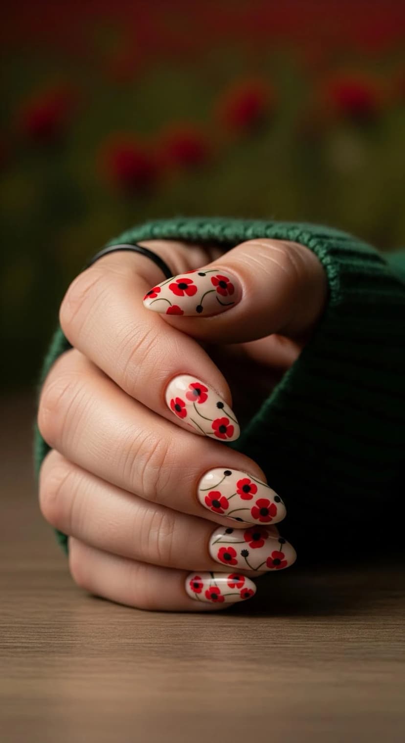 Nude Floral Print Almond Nails